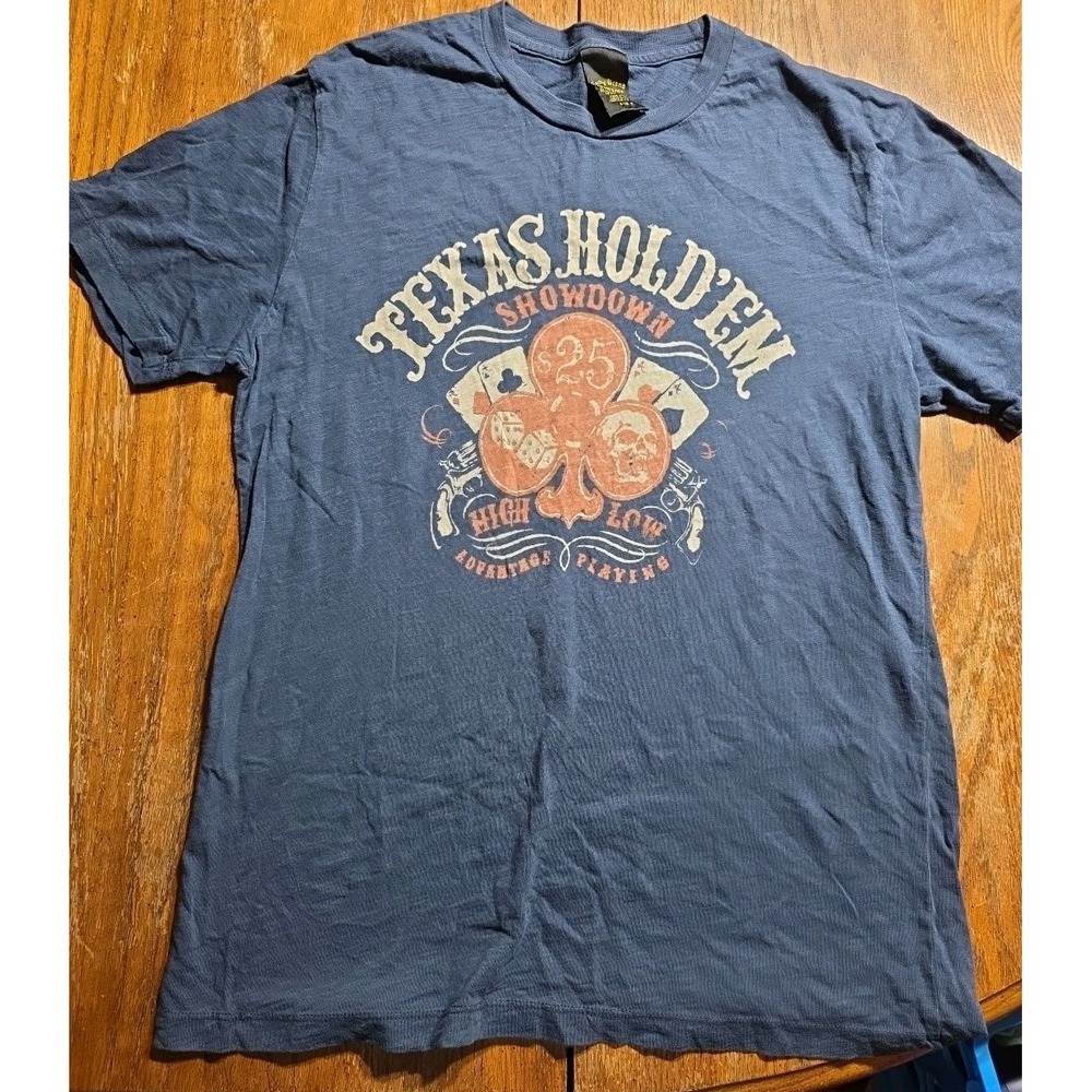 VINTAGE Lucky Brand Shirt Mens Small Blue‎ Texas Hold Em USA 100% Cotton 90s Y2K